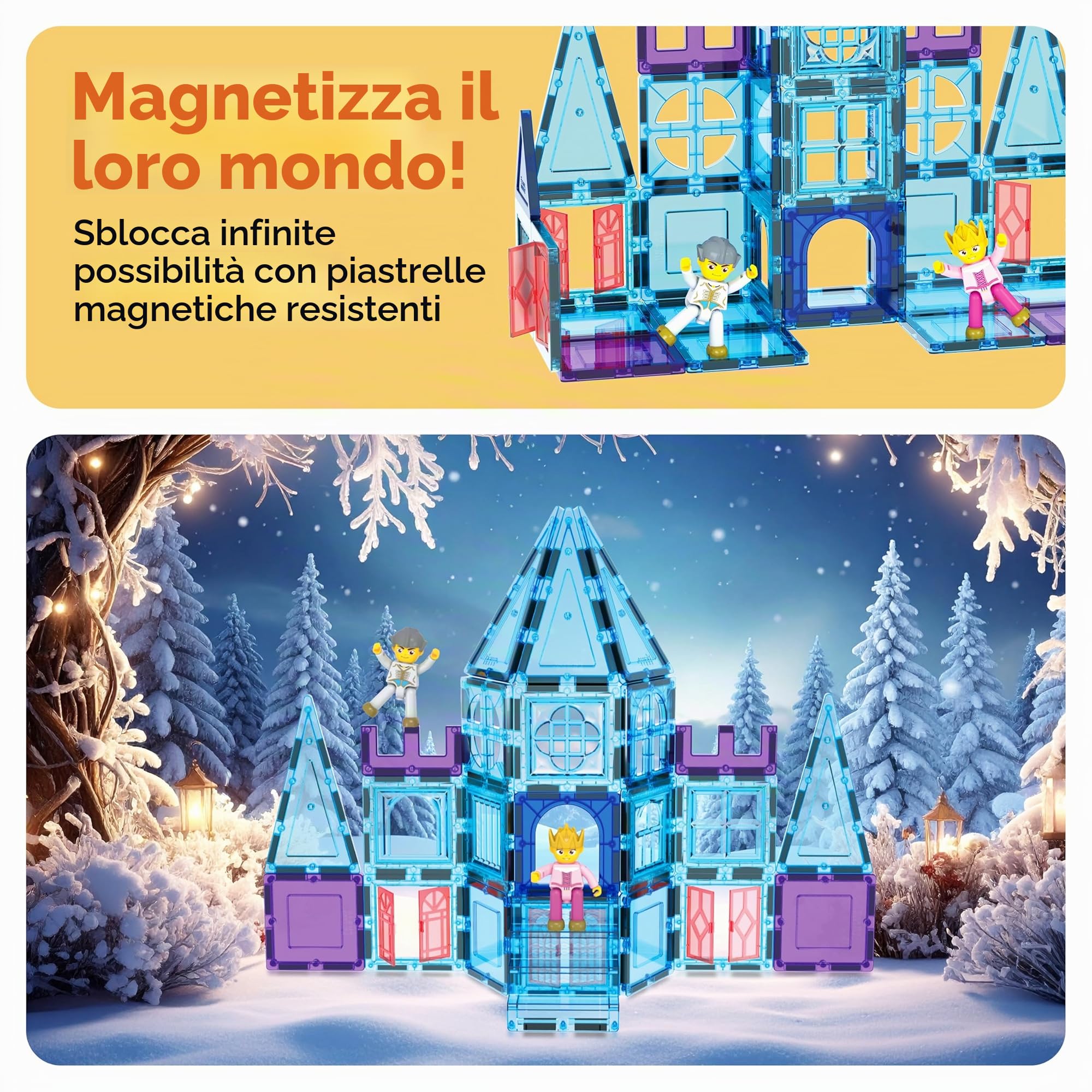 PicasssoTiles PT72 - Set di 72 mattonelle magnetiche per edifici a tema castello invernale a tema ghiaccio, con personaggi Principessa Principe, scale, finestre, porte, giocattolo educativo per