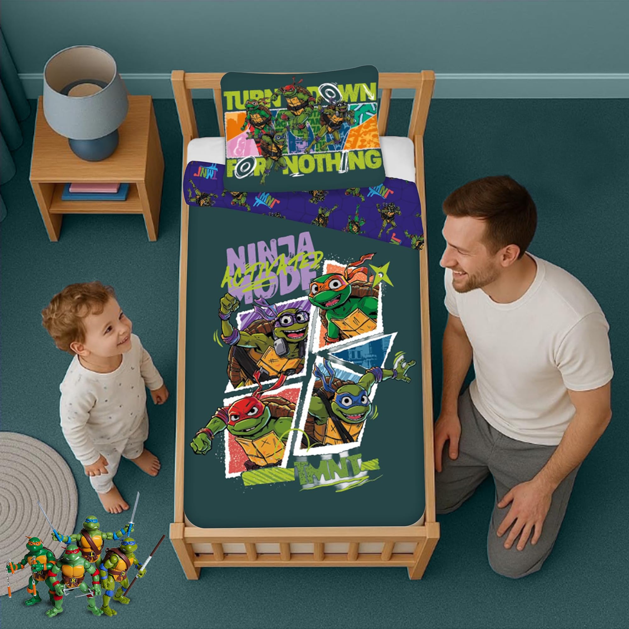BrandMac TMNT - Set di biancheria da letto per bambini, reversibile, 100 x 135 cm, con federa 40 x 60 cm, 100% cotone, motivo tartarughe ninja per bambini