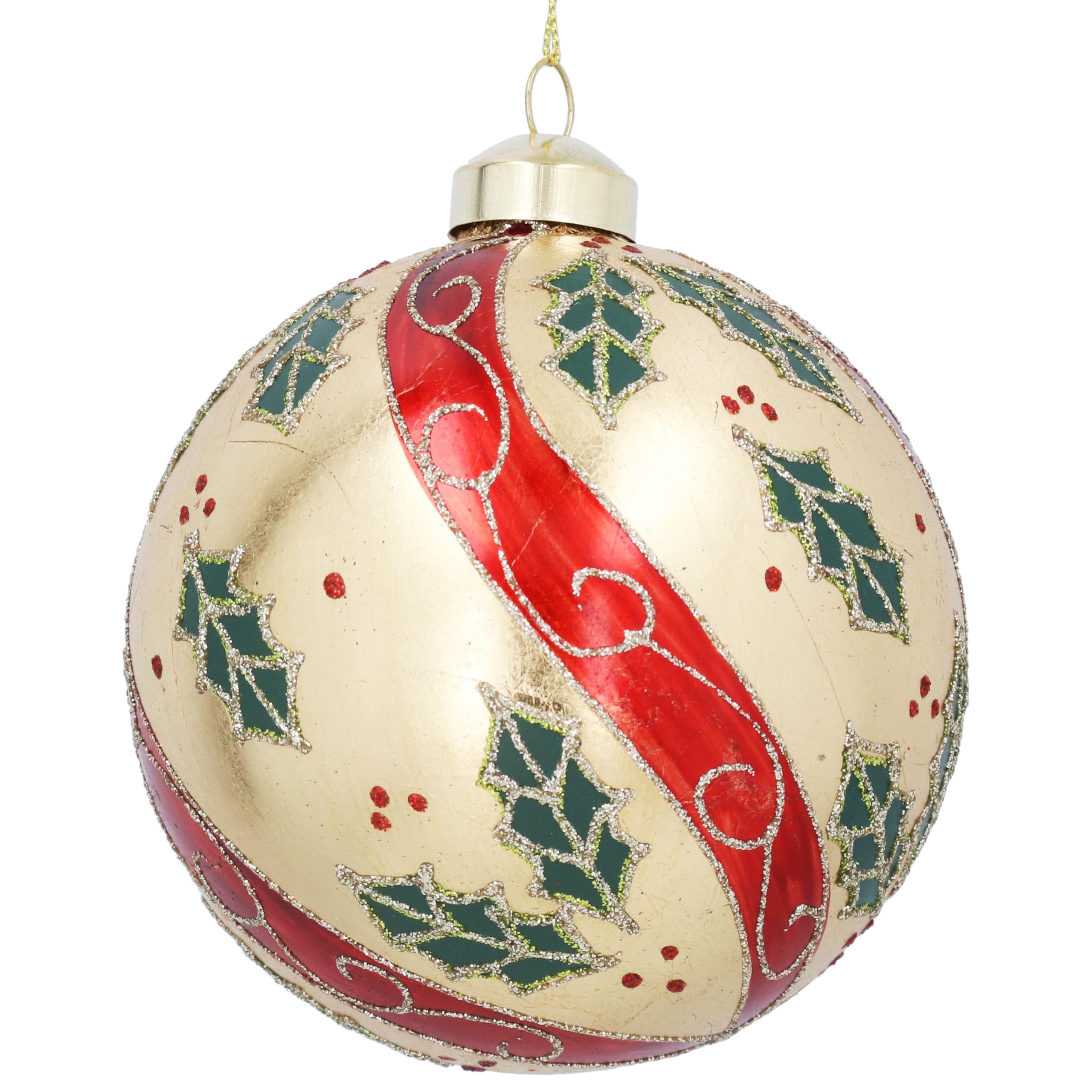 Gisela Graham Gold Glass Bauble, Holly Design, 10cm