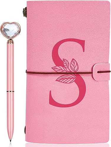 Diario personalizado para regalo, diario de cuero con inicial rosa + juego de bolígrafo de corazón de diamante, cuaderno de viaje, bloc de notas