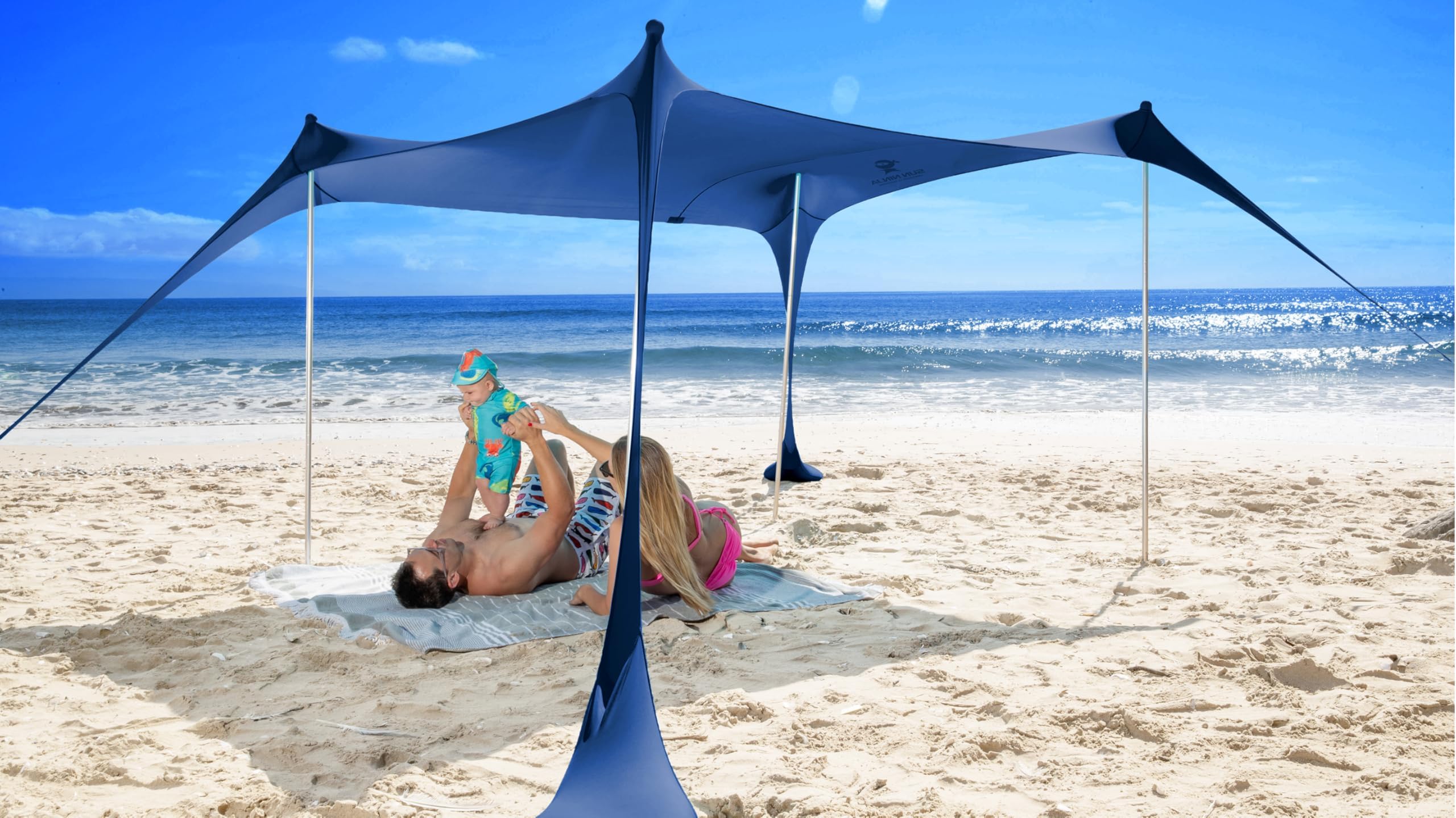SUN NINJA Beach Tent Sun Shelter UPF50+ - Easy Pop Up Beach Canopy - Outdoor Shade for Camping Trips, Fishing, Backyard Fun Picnics - Sand Shovel, Ground Pegs & Stability Poles