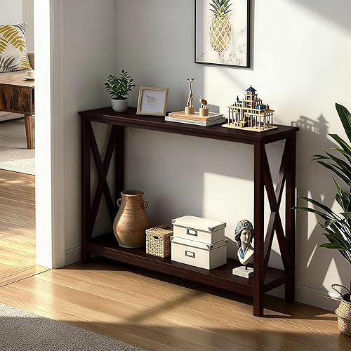 Miniatura 2 de ZENY Mesa consola, mesa de entrada, mesa de sofá estrecha con estantes de 2 niveles, mesa de entrada para sala de estar, pasillo, vestíbulo (marrón)