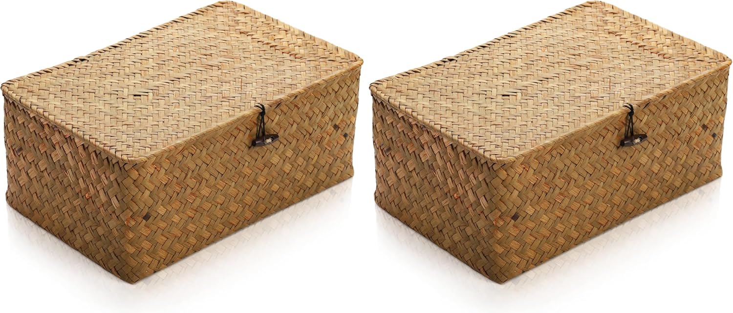 Yesland Handwoven Seagrass Rattan Storage Basket - 11.5'' x 7.5'' x 5'' - Brown Rectangular Makeup Organizer Container with Lid, Perfect for Decoration, Picnic, Groceries and Toy Storage (Pack of 2)
