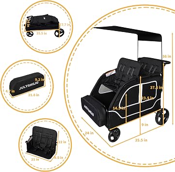 Large 4 Seater Wagon Stroller 2 3 Kid Toddler Child Quad Triple | Car Shaped, Foldable, All Terrain, Removable Canopy, 5 Point Harness, Travel, Park, Amusement, Push, Pull, Shopping, Outdoor