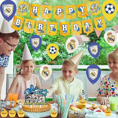 Miniatura 5 de Decoraciones de cumpleaños del Real Madrid CF, 50 piezas de Cristiano Ronaldo, suministros para fiestas temáticas de fútbol, incluyendo pancarta de