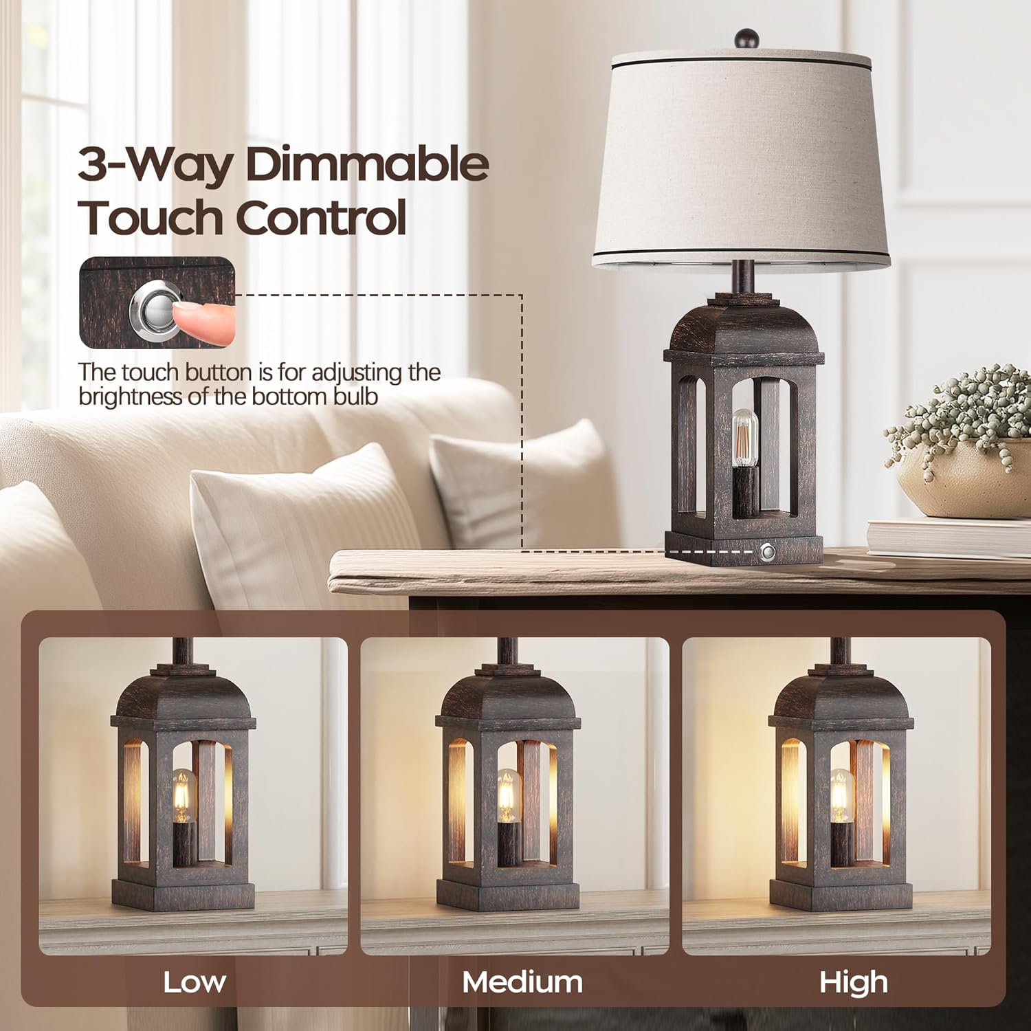 QiMH Table Lamp for Living Room, Farmhouse Lamps Set of 2 with USB A+C and Nightlight, 26" Rustic Bedside Lamps with 3-Way Dimmable, Touch Nightstand Lamp for Bedroom, Bronze