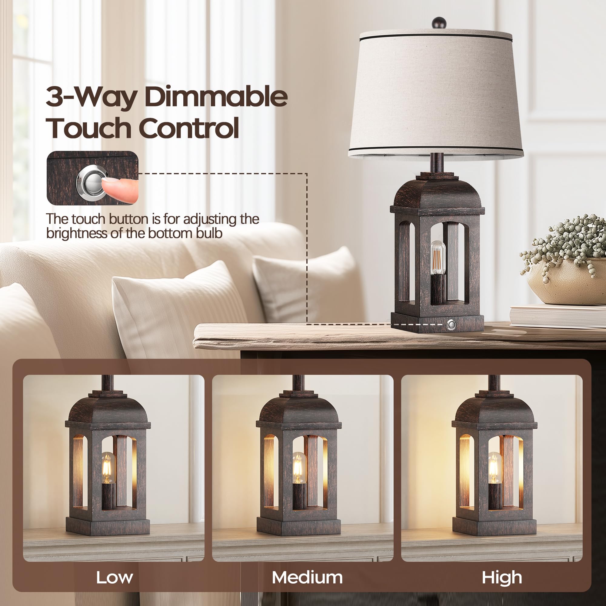 QiMH Lampada da tavolo per soggiorno, lampade da fattoria con USB A+C e luce notturna, lampade da comodino rustiche da 66 cm con controllo touch dimmerabile a 3 vie, lampada da comodino per camera da