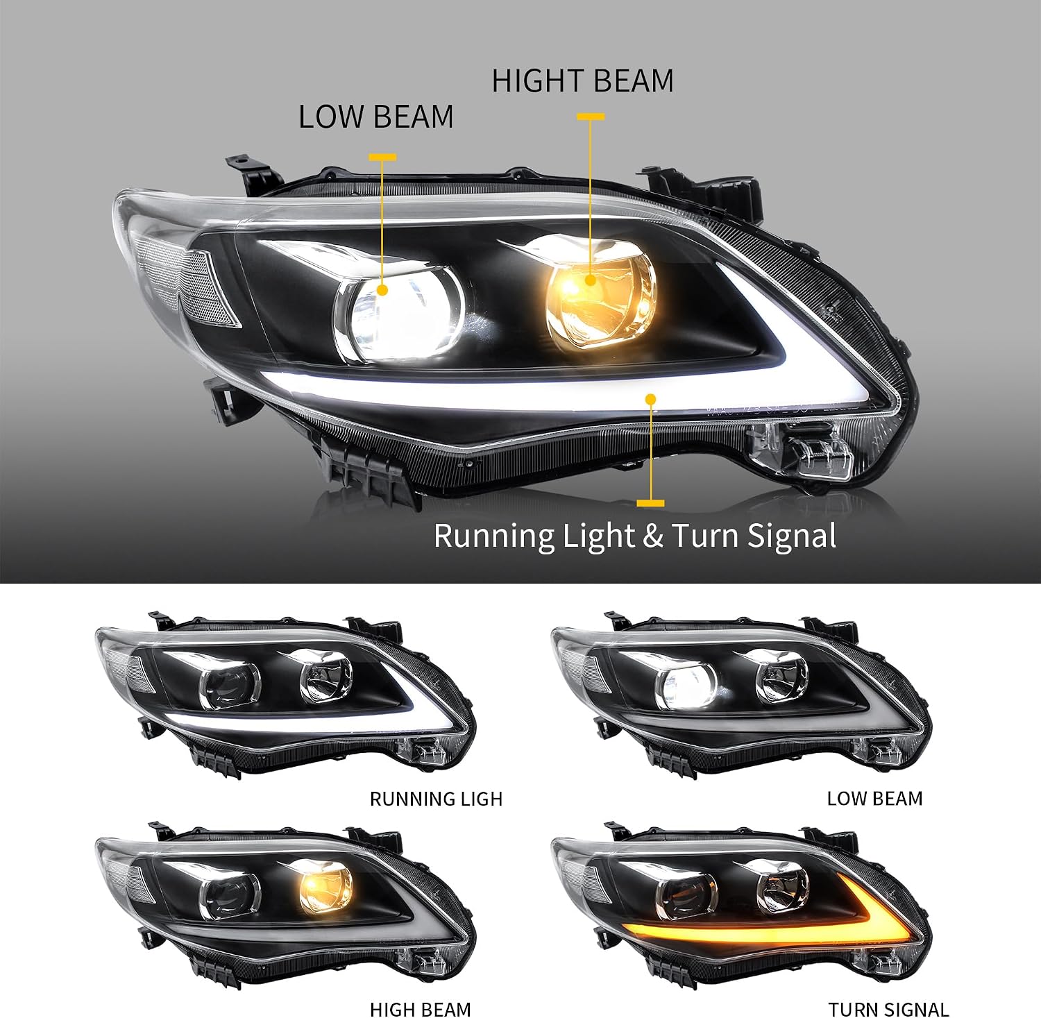 VLAND Headlight for Corolla 2011 2012 2013, Front Lights Assembly for Corolla with Clear lens, Bulb Type: D2S / D2H (Not Included)