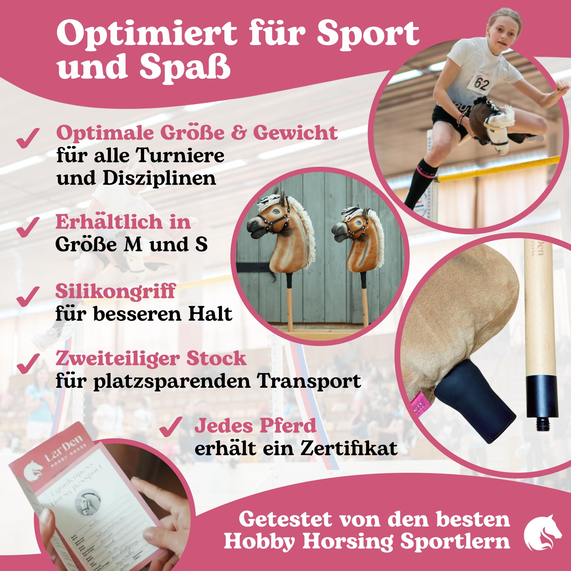 LarDen Hobby Horse Wendy mit schwarzem Halfter - Größe M, HANDGEFERTIGTES Stockpferd Für Kleine, Große Kinder mit Zubehör | Spielpferd, Pferd Zum Reiten Spielzeug, Hobby Horsing