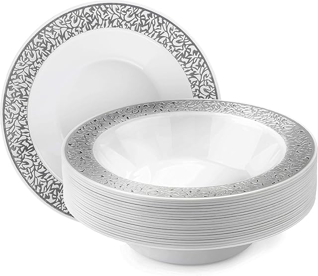 MATANA - 20 Premium Multi-Use Plastic Party Bowls with Silver Lace Rim - 18cm