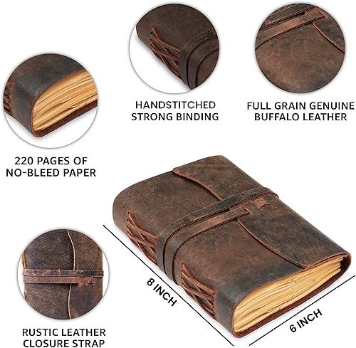 Vista 47 de LEATHER VILLAGE Diario encuadernado en cuero, marrón rústico, 7 x 5 pulgadas, 220 páginas, diario vintage de papel en blanco para escribir, dibujar