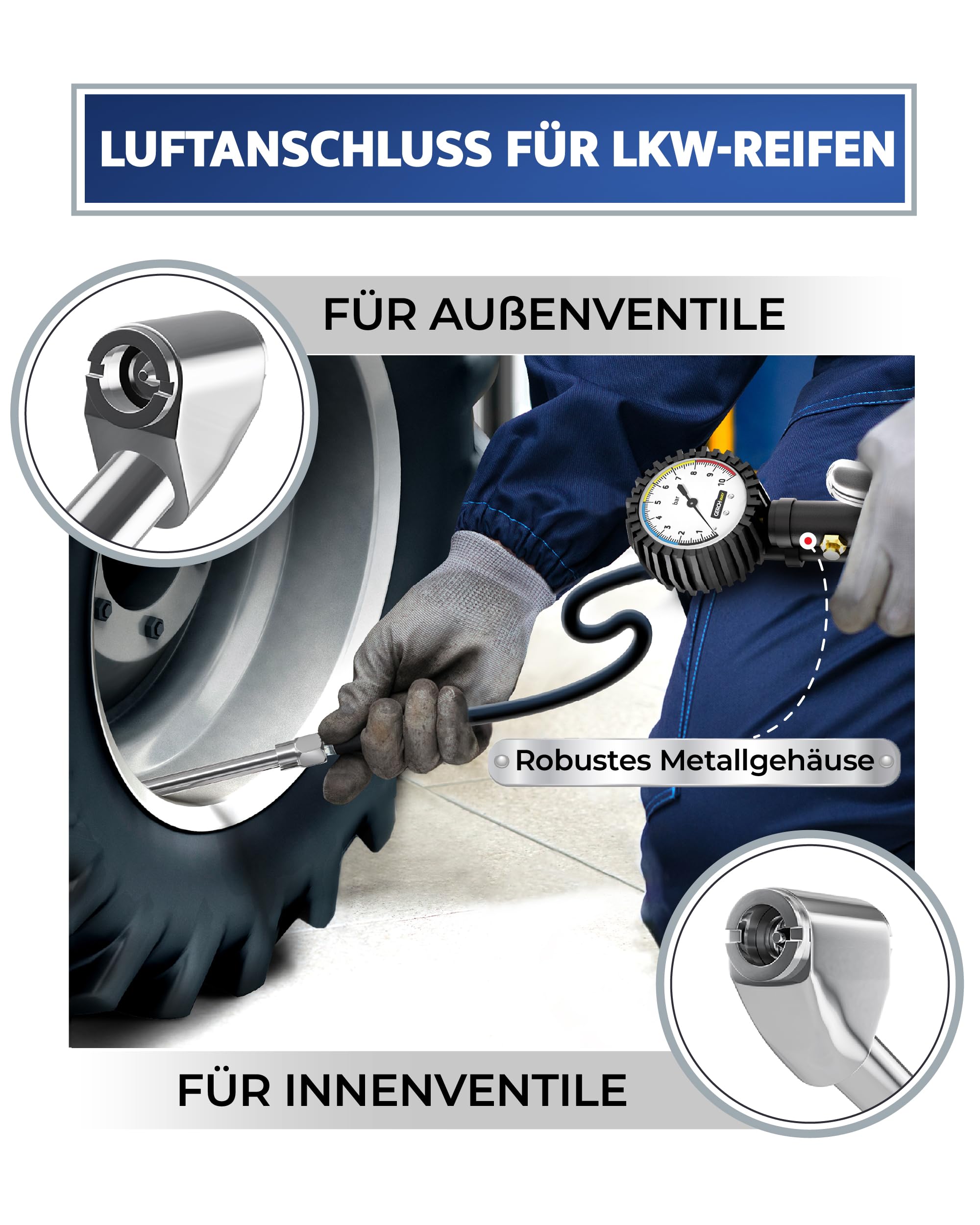 GERCHWAY Reifenfüller mit Manometer – Präziser, robuster 0-10 bar Druckluft Reifendruckfüller für Kompressor – Extra langer 50 cm Schlauch – Luftdruckprüfer für Auto, Motorrad, LKW & Werkstatt