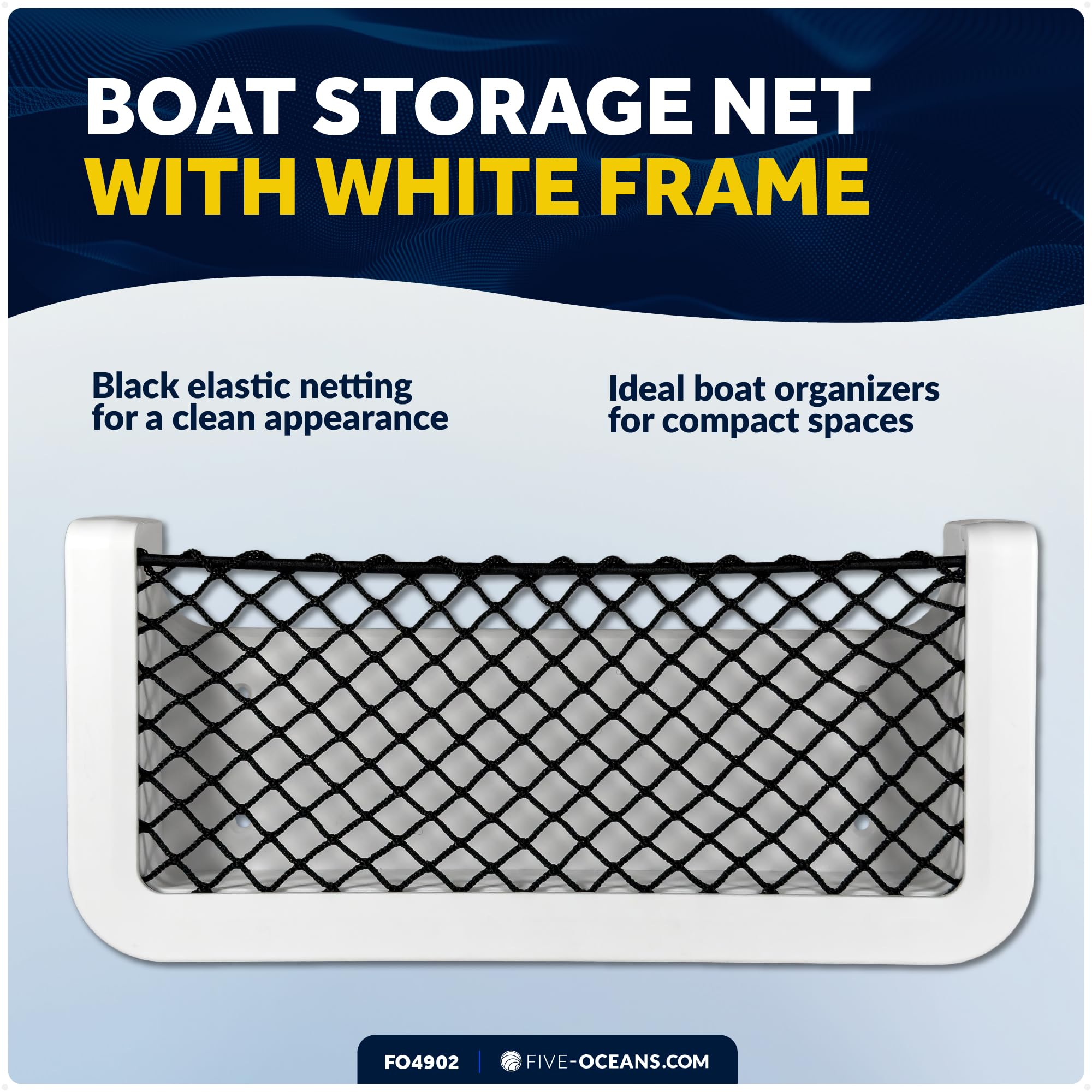 Five Oceans FO4902 Filet de rangement pour bateau, cadre blanc, filet élastique noir, 25,1 x 11,4 cm, filet de rangement idéal pour organisateur de bateau, voiture, camping-car