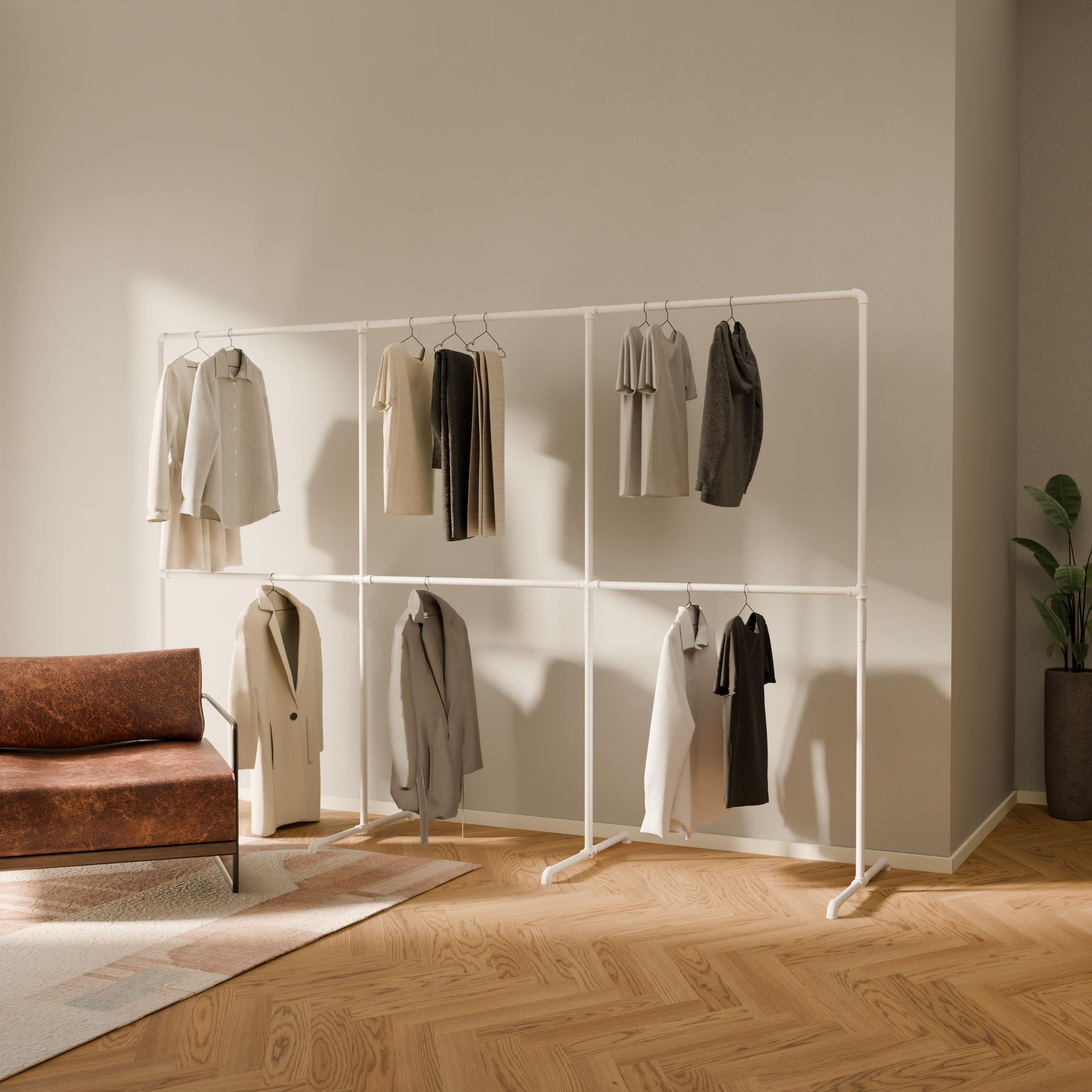 pamo Portant Vêtements Blanc Autoportant – 290 x 194 cm | Charge 100 kg | Penderie Ouverte Industrielle Métal Dressing Ouvert Design Blanc Mat pour Chambre, Entrée & Dressing