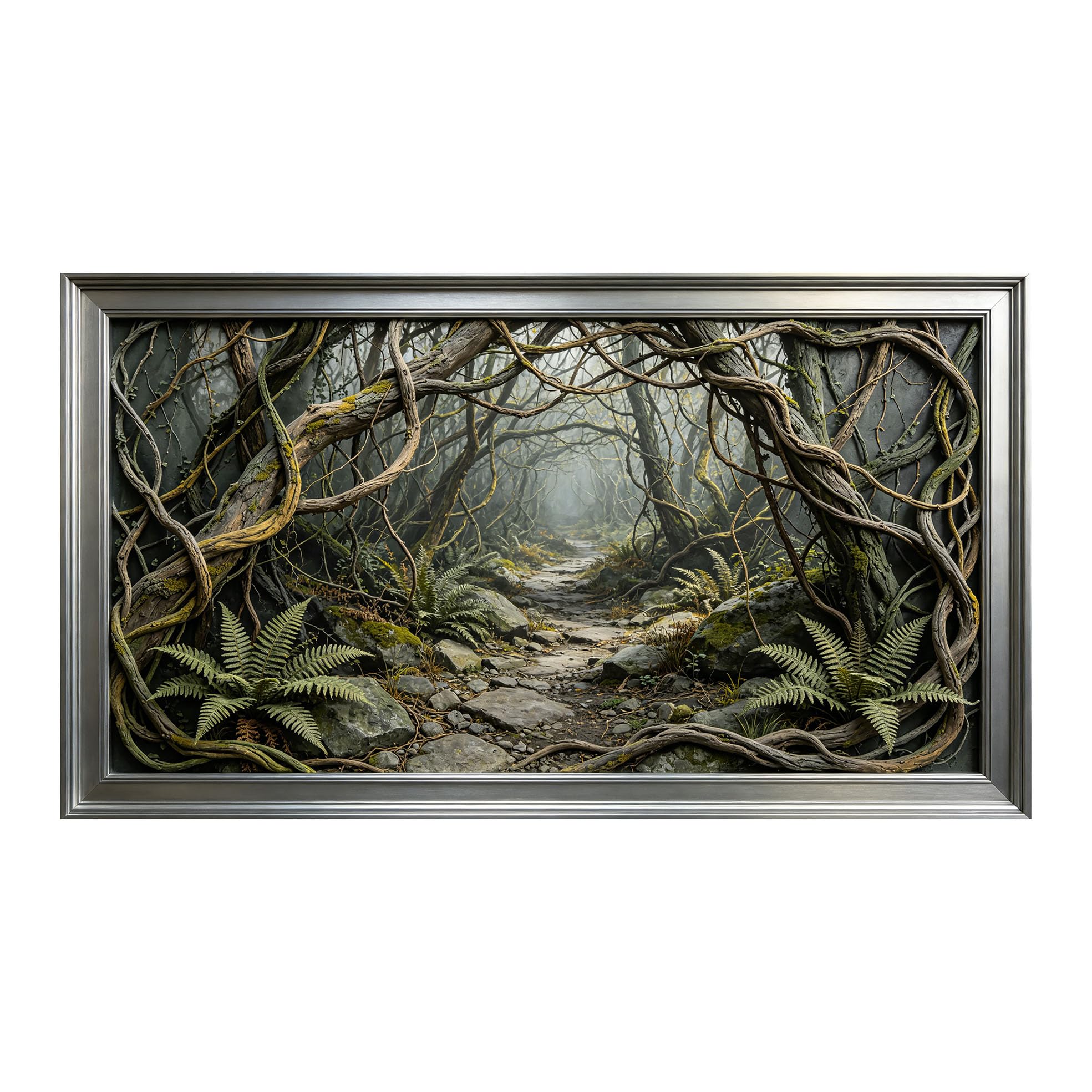Murasolite 3D Framed Wall Art Misty Forest Path Landscape Oil Painting SelfAdhesive Fabric Mural Wall Decor， Peel and Stick No Damage to Wall， AntiFall Safe Design for Bedroom Living Room