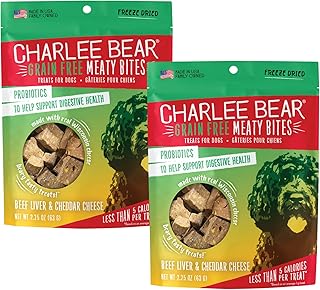 Charlee Bear Grain Free Meaty Bites Freeze Dried Dog Treats with Probiotics, Puppy Training Snacks, Soft Dog Bites Beef Liver with Cheddar Cheese, 2.25 oz Bags (2), Made USA