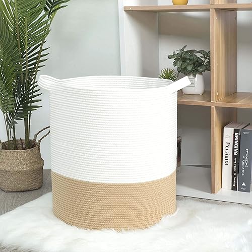 Miniatura 5 de MINTWOOD Design Cesta decorativa de cuerda de algodón tejida extra grande de 20 x 18 pulgadas, cesta alta para ropa sucia, cesta de manta para sala