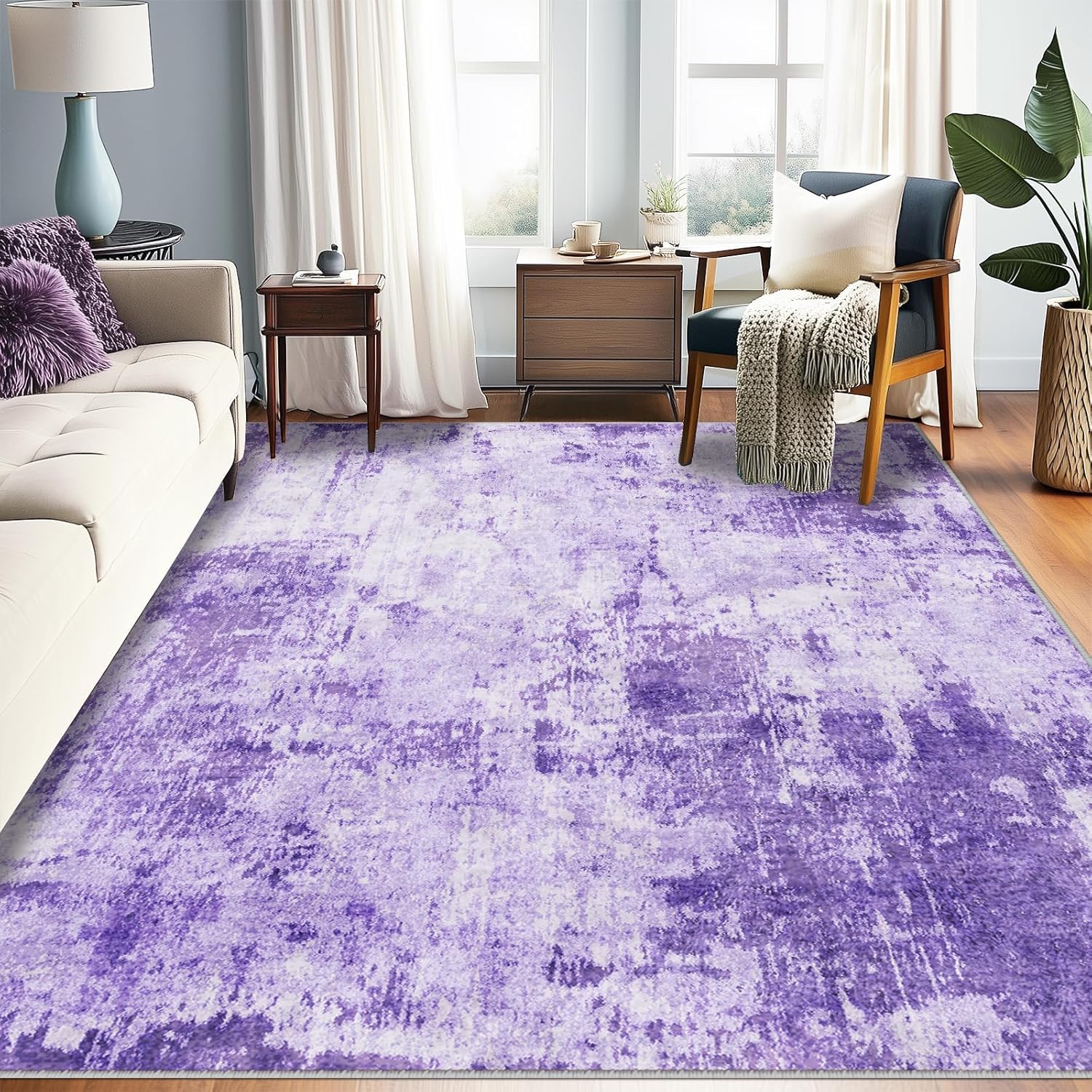 Photo 1 of RELEANY Washable Area Rugs 8'x10' Non-Slip Modern Abstract Soft for Living Room Entryway Bedroom Nursery, Print Pattern, Purple Gray Pink White