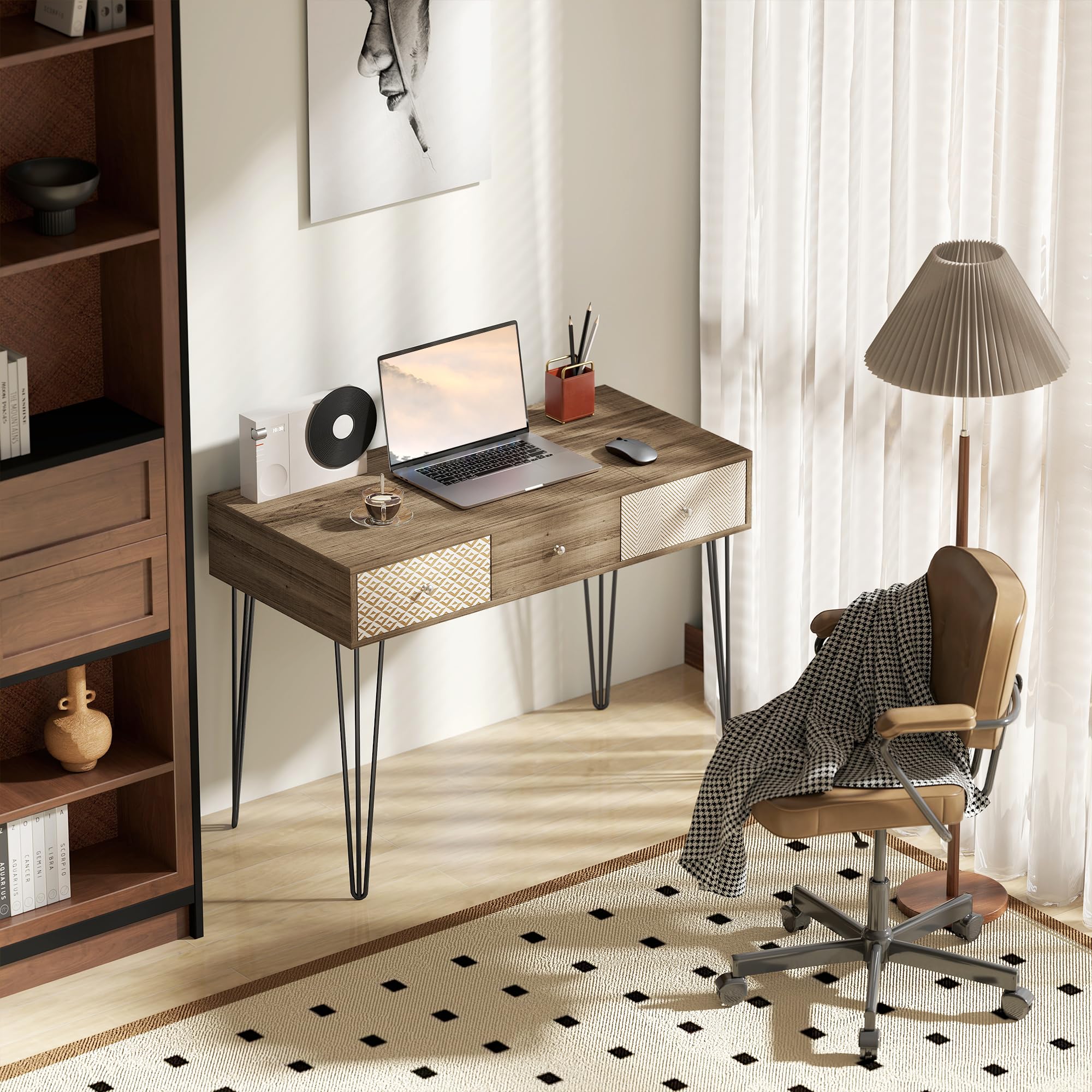 HOMCOM Escritorio Bohemio con Patas Horquilla y 3 Cajones 105x50x75 cm