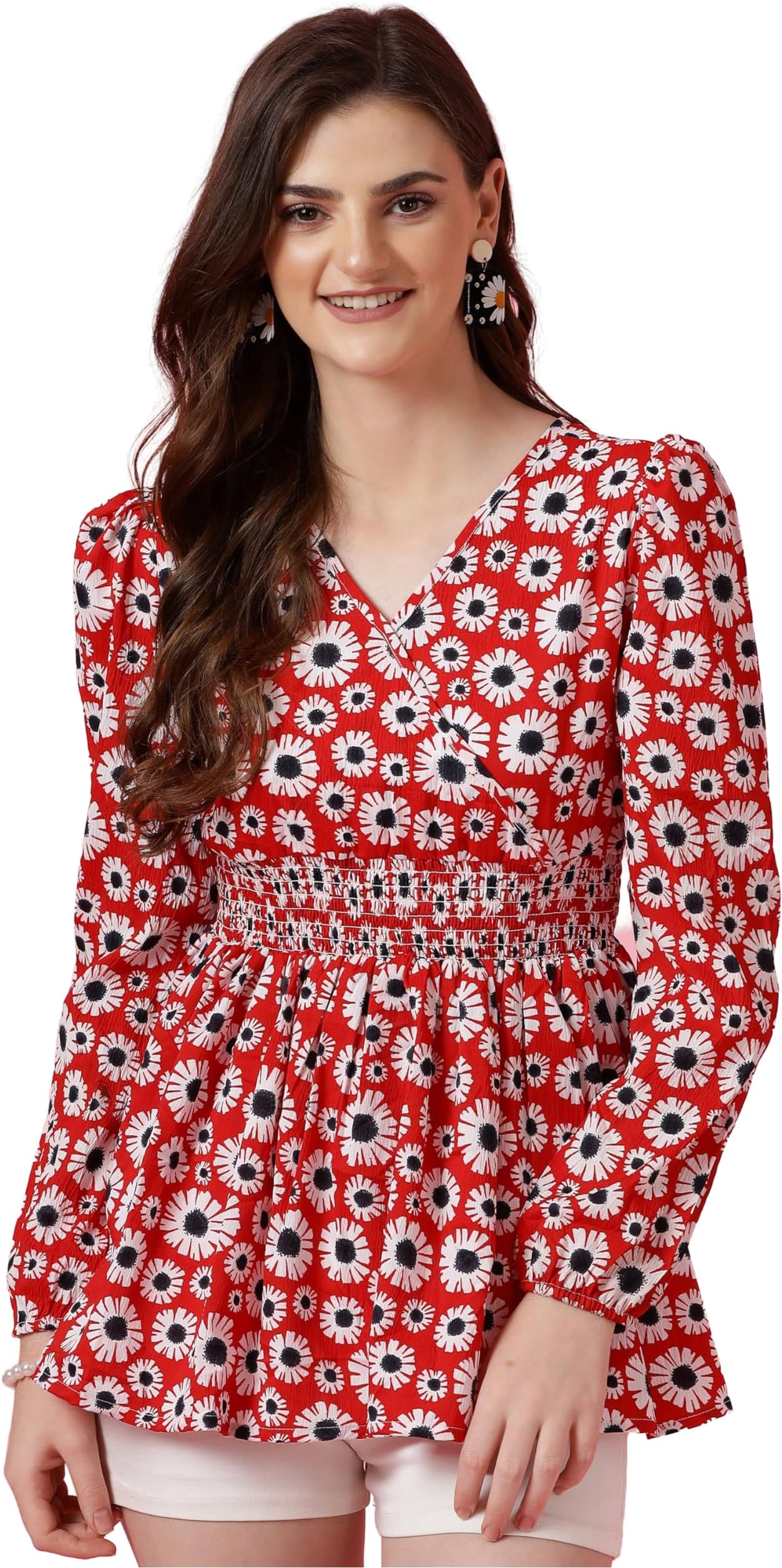 Sheetal Associates Women's Crepe Puff Sleeves Peplum Top with Floral Printed Regular Fit Full Sleeve and V-Neck Maxi Length