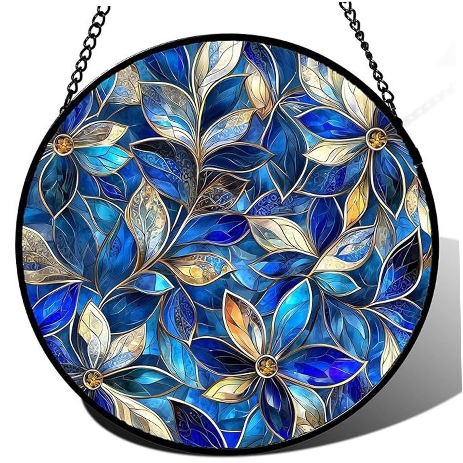 Attrape-soleil de salon : le vitrail floral bleu et or pour une ambiance lumineuse et chaleureuse