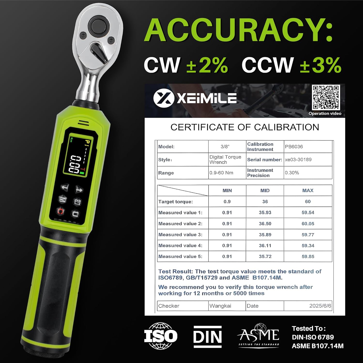 Digital Torque Wrench 3/8" Drive-0.66-44.25Ft.Lb, 0.9-60 N.m, Electric Torque Wrench With Adjustable Vibration Buzzer LED Indicator,±2% Accuracy Five Units for Bike Motorcycle Car Auto Repair