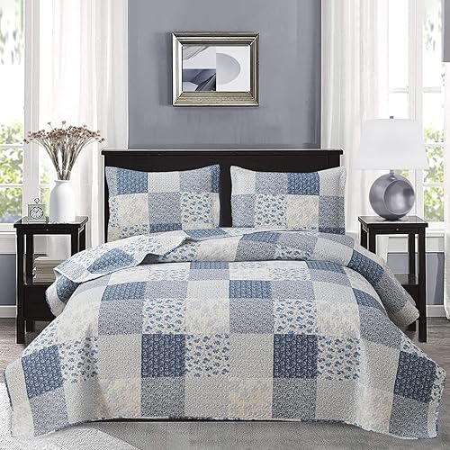 Jarson Juego de edredón a cuadros de 3 piezas, tamaño individual, juego de ropa de cama ligera de retazos, colcha reversible suave de color blanco