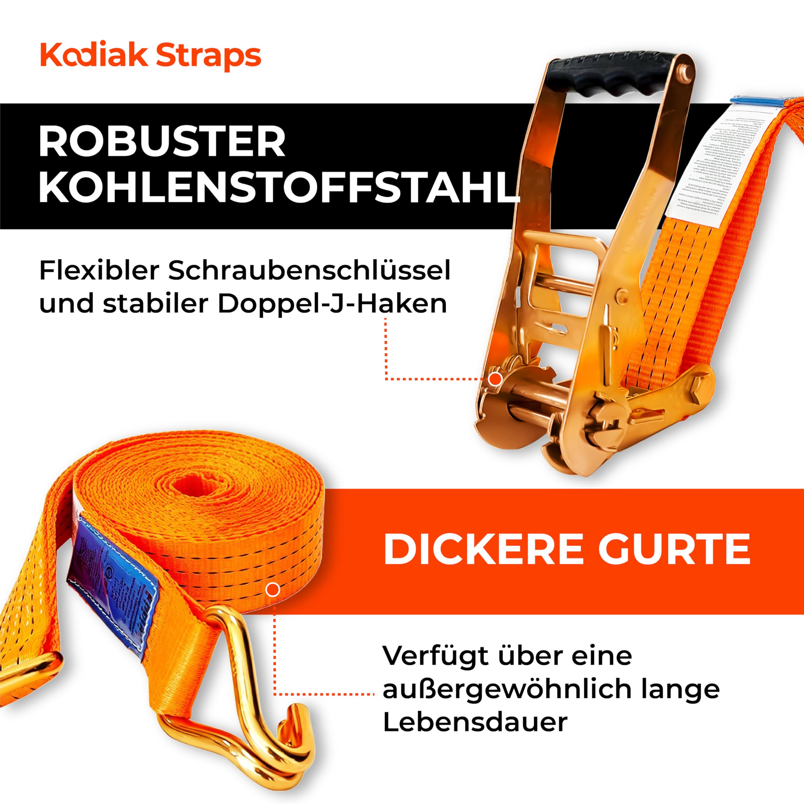 4 Stück Spanngurte 8m x 4000kg mit Ratsche und Haken - 50mm Zurrgurte mit Ratsche - Orange Ratschengurt für Ladungssicherung - TÜV/GS geprüft nach DIN EN 12195-2 - KODIAK STRAPS