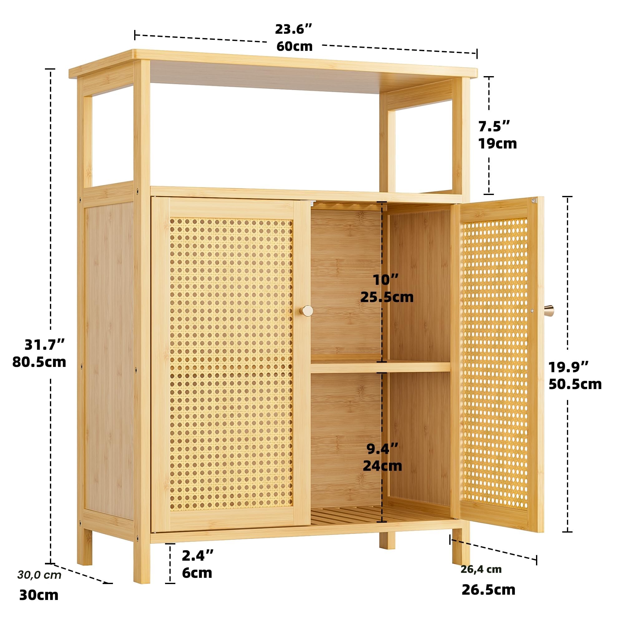 Armario de Baño con Soporte de Suelo, Mesa Organizadora de Almacenamiento de Bambú con 2 Puertas de Ratán y 1 Estante, Armario Lateral de Madera para Pasillo, Cocina, Sala de Estar (Natural)