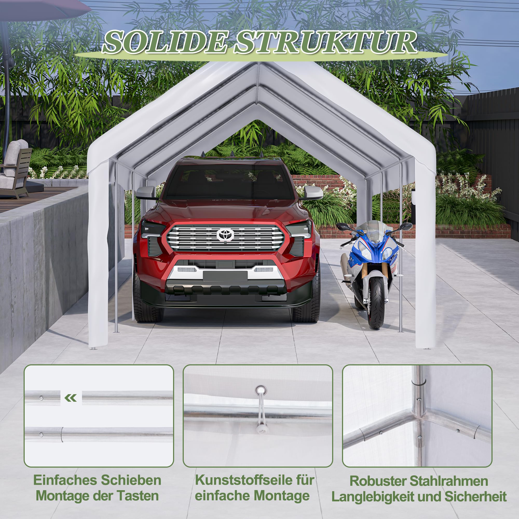 Carport Garaje tienda de campaña de 3 × 6 m, resistente al agua, con ventanas enrollables, paredes laterales desmontables y techo, cobertizo para coches, motos, camiones, barcos y dispositivos (blanco