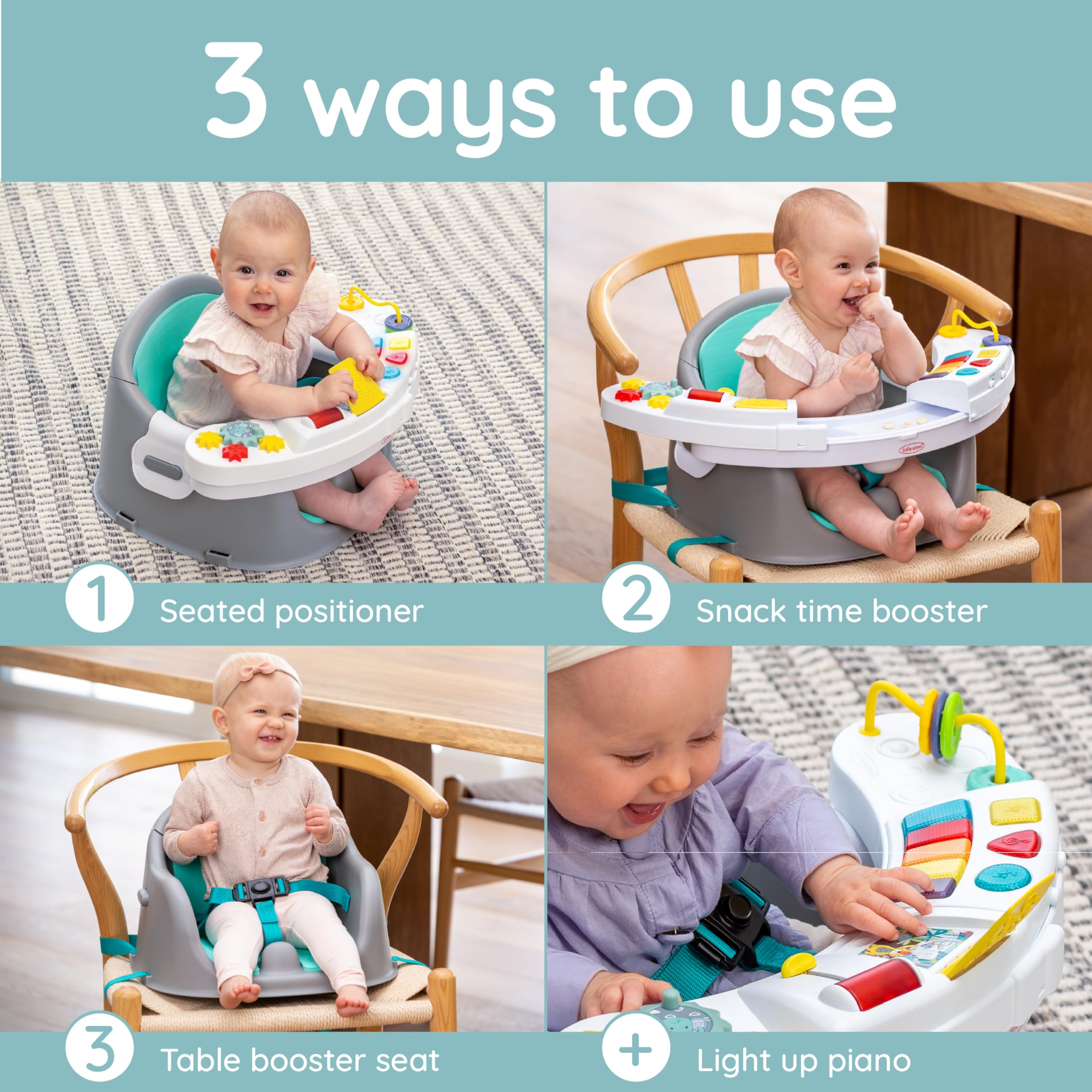 Infantino Music & Lights 3-in-1 Baby-Booster, Entdeckungssitz, Mitwachsend, Umwandelbarer Baby-Sitz, Blau