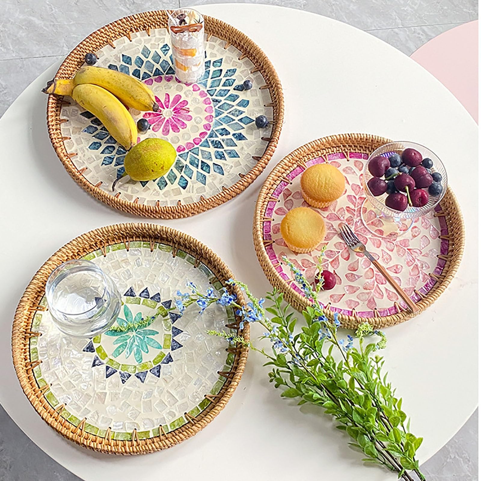 Bandejas Redonda De Ratán, Bandeja De Almacenamiento Decorativa, Bandeja De Servir para Cofre, Bebida, Desayuno, Té, Vela(E)