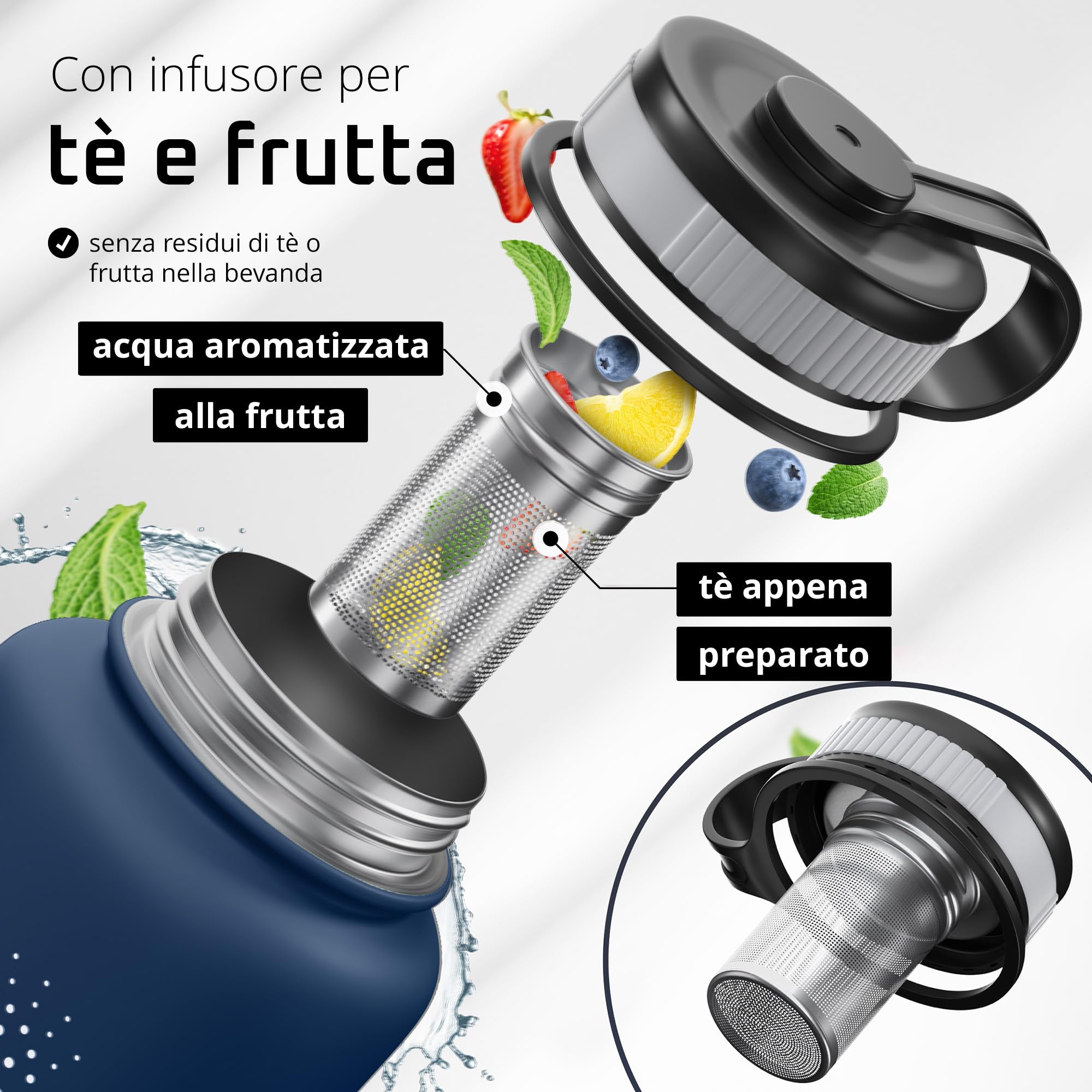 BeMaxx Borraccia Termica con Cannuccia ACTIVE FLASK 1 litro 750 ml 500ml (3 Tappi Infusore per Tè e Frutta), Senza BPA | Bottiglia Termica Acciaio Inox Isotermica - Palestra Sportiva Ufficio Fitness