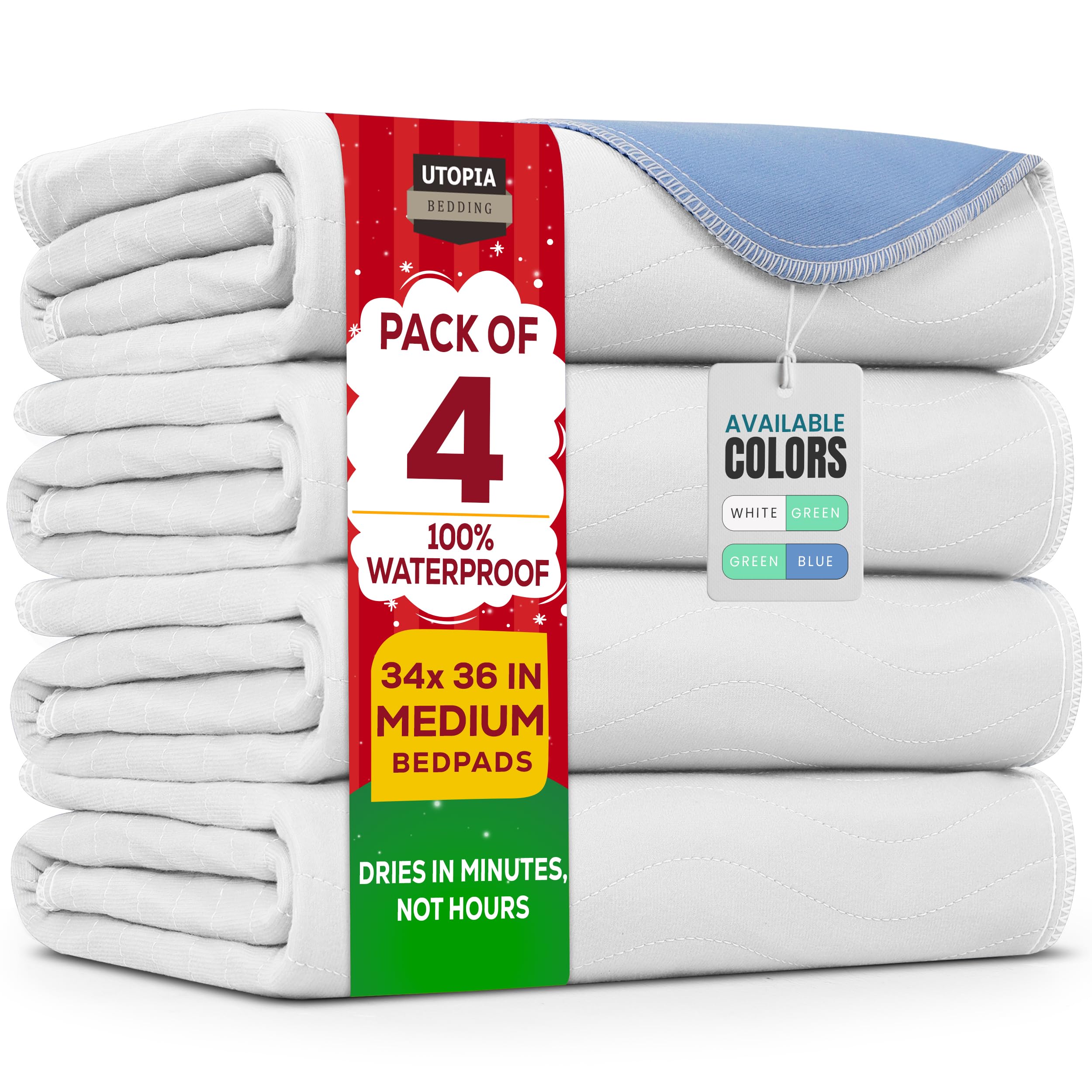Utopia Bedding (Pack of 4) Waterproof Incontinence Pads Quilted Washable & Absorbent Bed Pad for Adults and Kids 34 x 36 inches (White/Blue), UB04237US