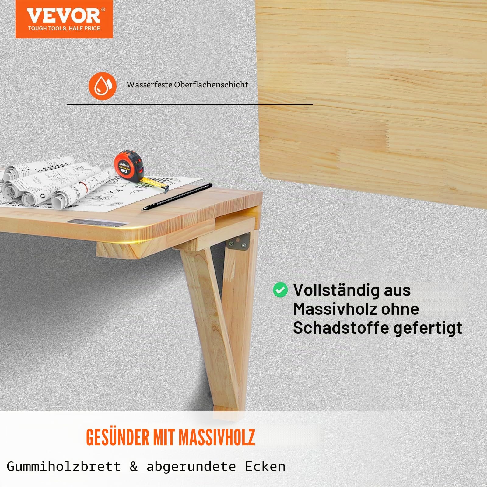 VEVOR Wandklapptisch, 80 x 60 cm, Wandmontage, Klapptisch, schwebender Schreibtisch aus Holz mit Eisenhalterung, zusammenklappbarer Schreibtisch für Heimbüro, Esszimmer, Waschküche, Küche, Bar