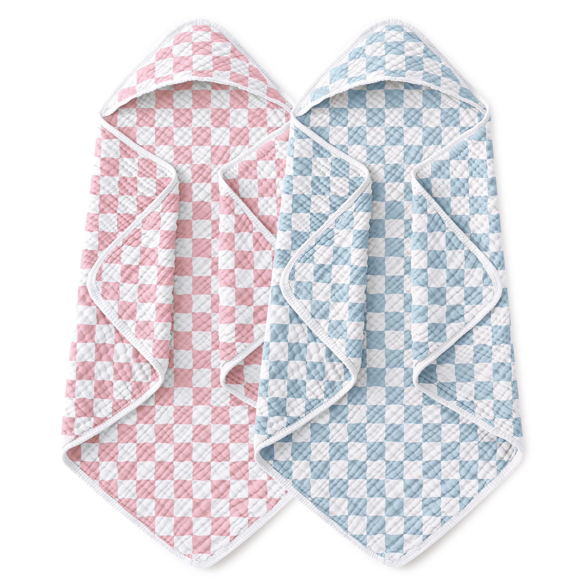 Yoofoss Hooded Baby Towels for Newborn 2 Pack 100% Muslin Organic Cotton Baby Bath Towel with Hood for Babies, Infant, Toddler and Kids, 32x32Inch, Soft and Absorbent, Pink Blue Checkered Pink Blue Checkered 32 x 32 Inch