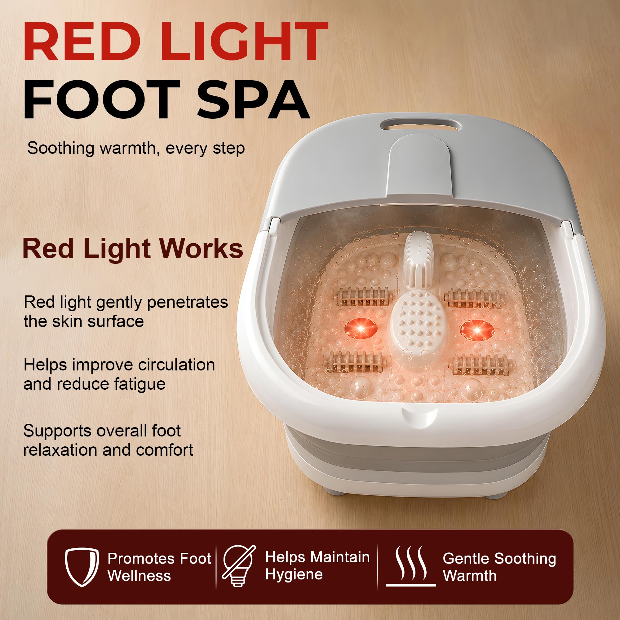 Foldable Foot Massager 500W with Heat, Bubble, Magnetic Therapy - Pedicure Foot Spa Bath with 4 Massage Rollers, Temperature Control, Red Light - Feet Soaking Tub for Relaxation, Stress Relief - Grey