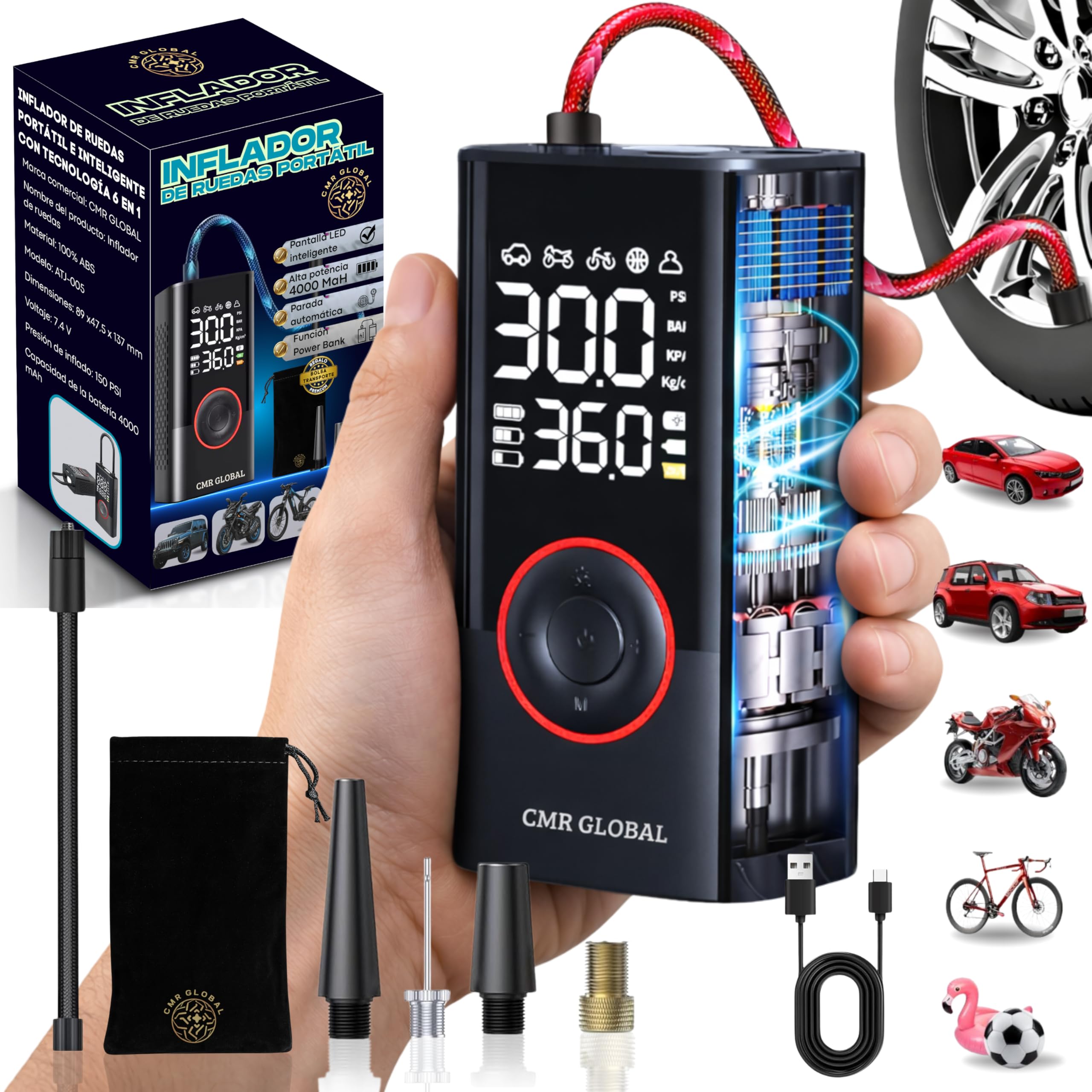 SUPER PRO Compresor Aire Portatil. Inflador Ruedas Coche. Inflador Eléctrico con Linterna 150 PSI para Coche Moto Bicicleta Pelota. Hinchador eléctrico Batería Recargable 4000 mAh. Viaje Emergencia - 2