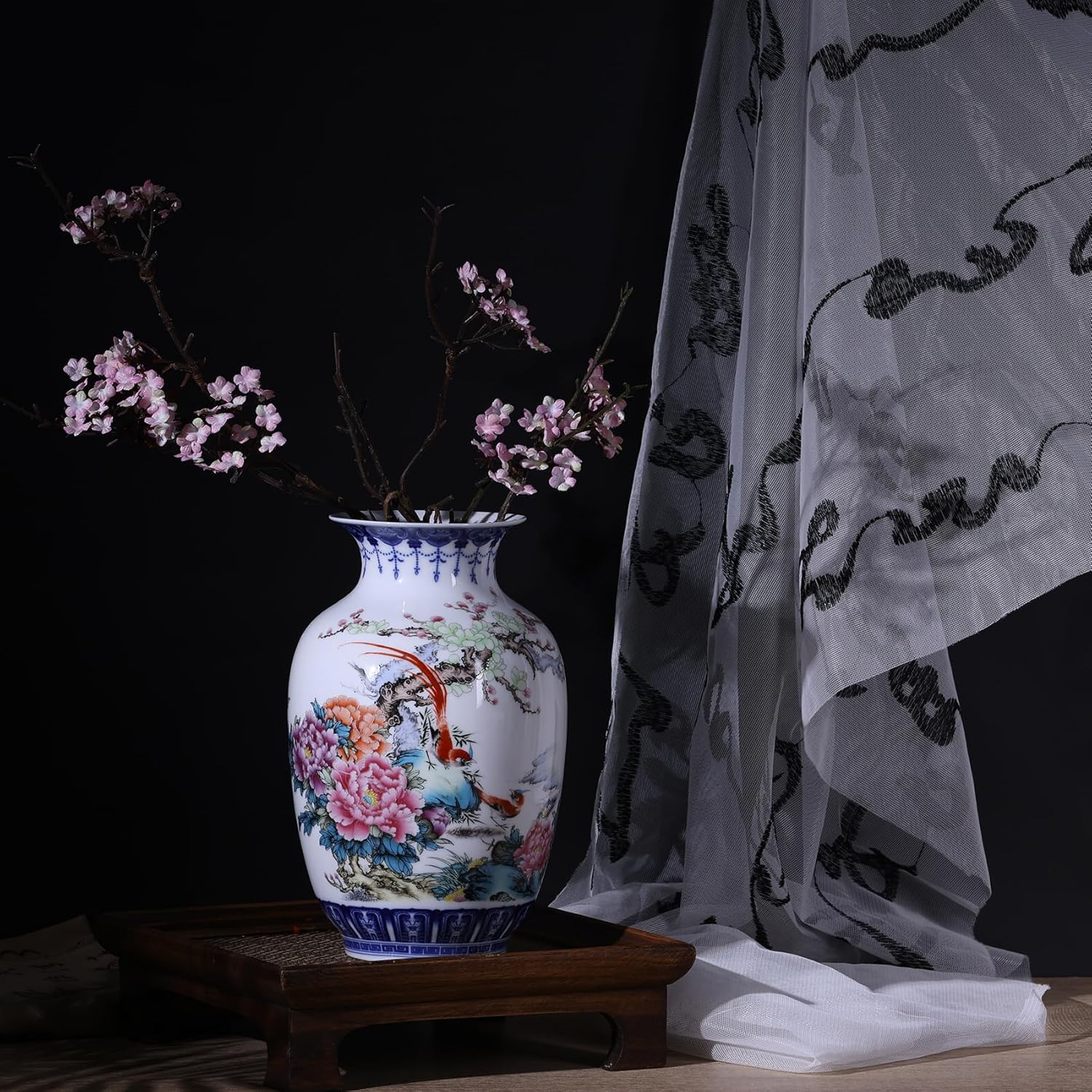 Handcrafted Blue and White Porcelain Thin Body Vases - Traditional Chinese Chinoiserie Thin-Wall Winter Melon Wide Mouth Design,Perfect for Home Decor, Desk, and Display Shelves (Colorful)