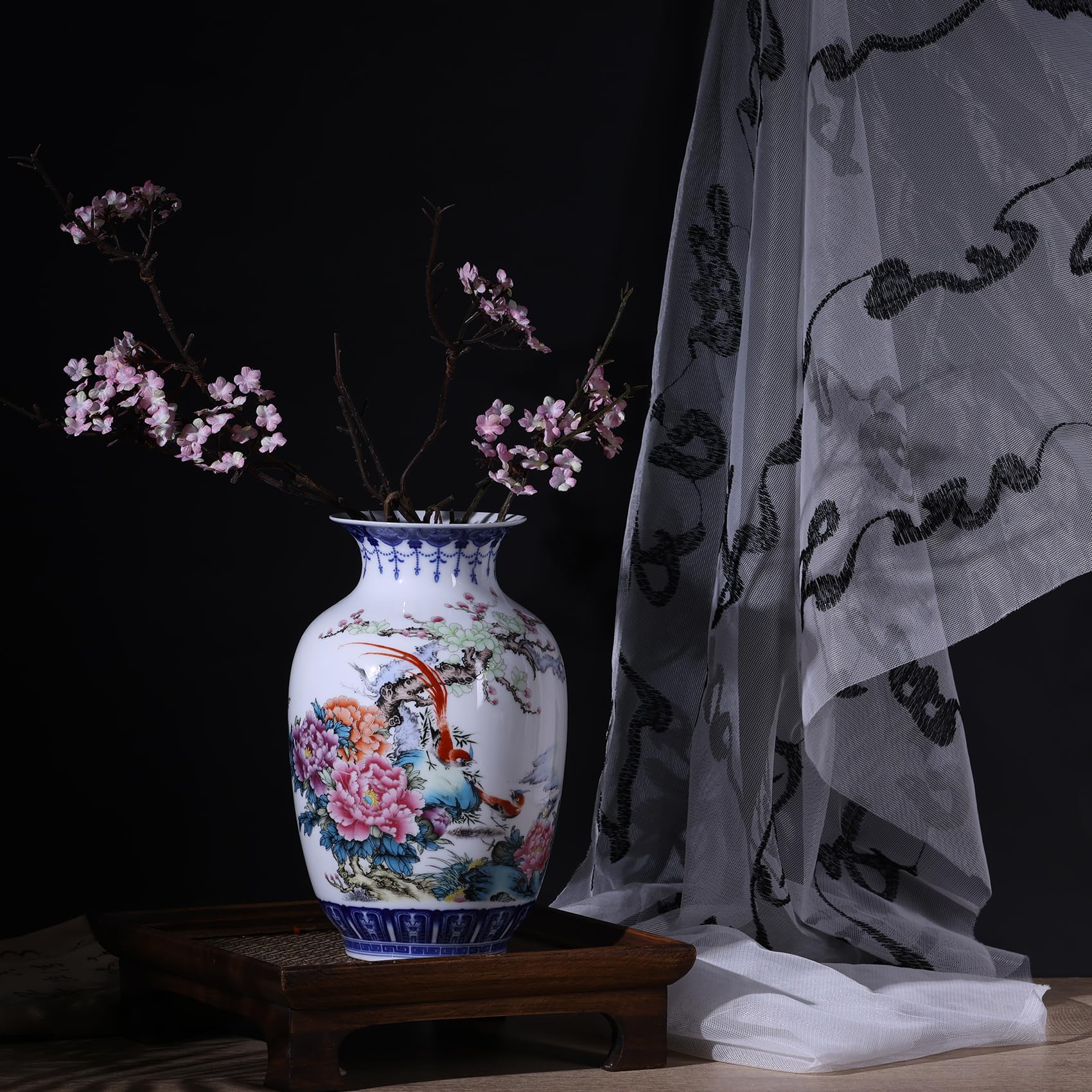 Handgefertigte blaue und weiße Porzellanvasen mit dünnem Körper, traditionelle, chinesische Chinoiserie, dünnwandig, Wintermelone, breite Öffnung, perfekt für Heimdekoration, Schreibtisch und