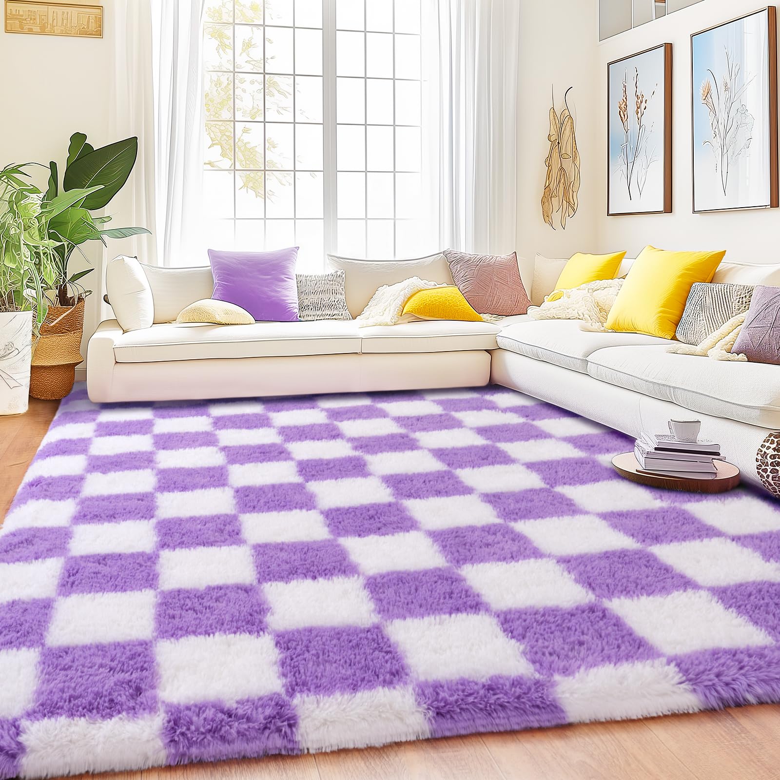 Quntue Checkered Rug 9x12 for Living Room, Ultra Fluffy Fuzzy Shag Large Area Rug for Bedroom, Modern Plush Soft Upgrade Non-Slip Carpet for Kids Girls and Boys Room Dorm Home Decor, White and Purple — image 1