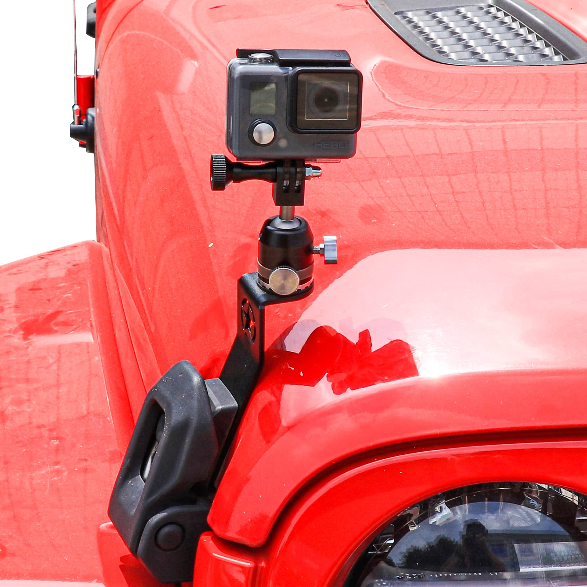 JHD-TOGOfor GoPro Action Camera Mount Holder for 2018-2022 Jeep Wrangler JL Gladiator JT 2/4 Door Accessories Hood Latch Mounting Bracket 360° Adjustable Aluminum Black