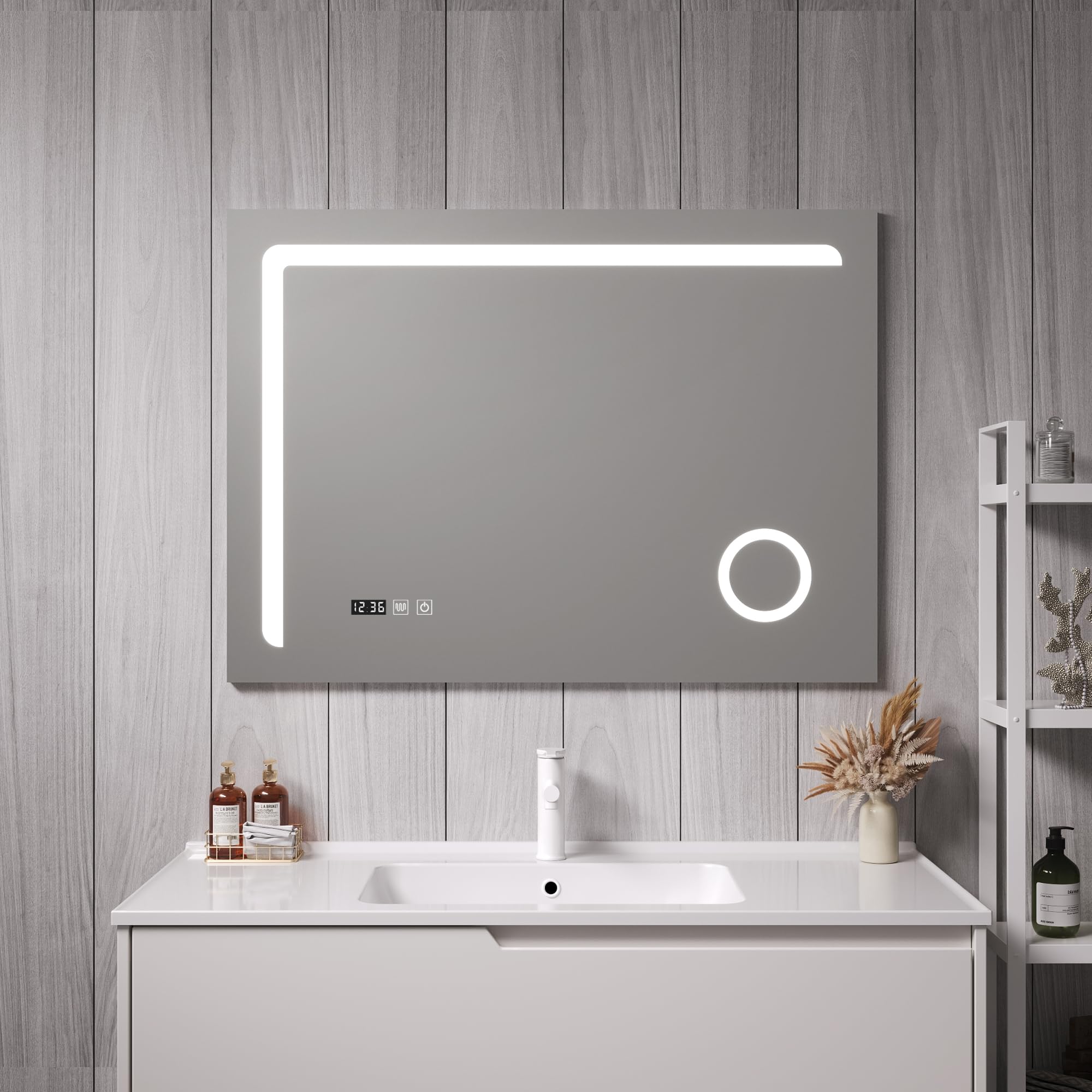 pro.tec Espejo de Pared con LED para Baño con Lupa 3X Reloj Interruptor Táctil Instalación Horizontal IP65 3 Opciones de Temperatura de Luz Blanca Aluminio 70 x 100 cm - Plateado