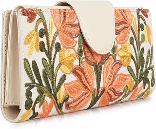 VELUCIA Floral Embroidered Wallet, Sage Green, Multi-Layer Card Holder with Pink Flower Design, Travel Business Clutch for... Price In India