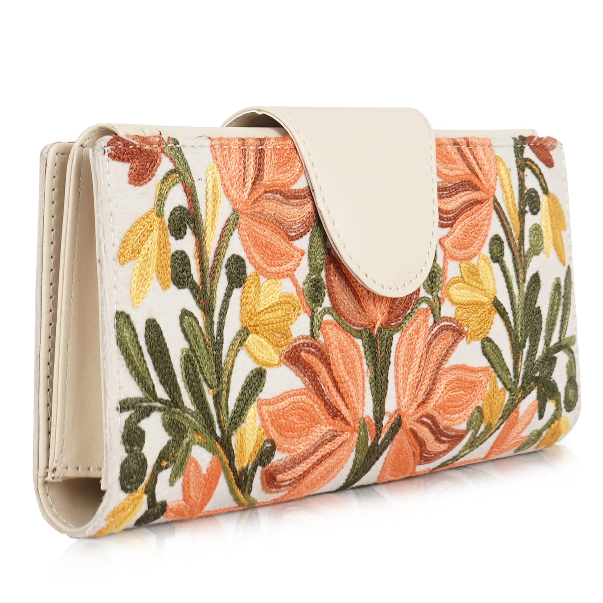 Floral Embroidered Wallet for Women, GreenPU Leather with Pink Flowers, Multi Compartment with Magnetic Button (Cream)