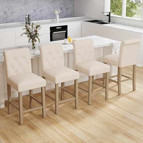 Miniatura 6 de LSSBOUGHT Juego de 2 taburetes tapizados de 24 pulgadas, taburetes de bar de tela con respaldo, sillas de bar con altura de mostrador con patas de