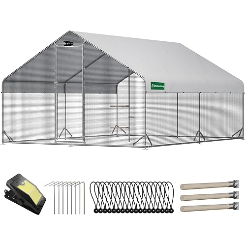 Large Walk-in Metal Chicken Coop with Chicken Run & Hardware Cloth, Solar Light, Waterproof & UV-Resistant Cover, Outdoor Poultry Cage for Farm Use,2 Room