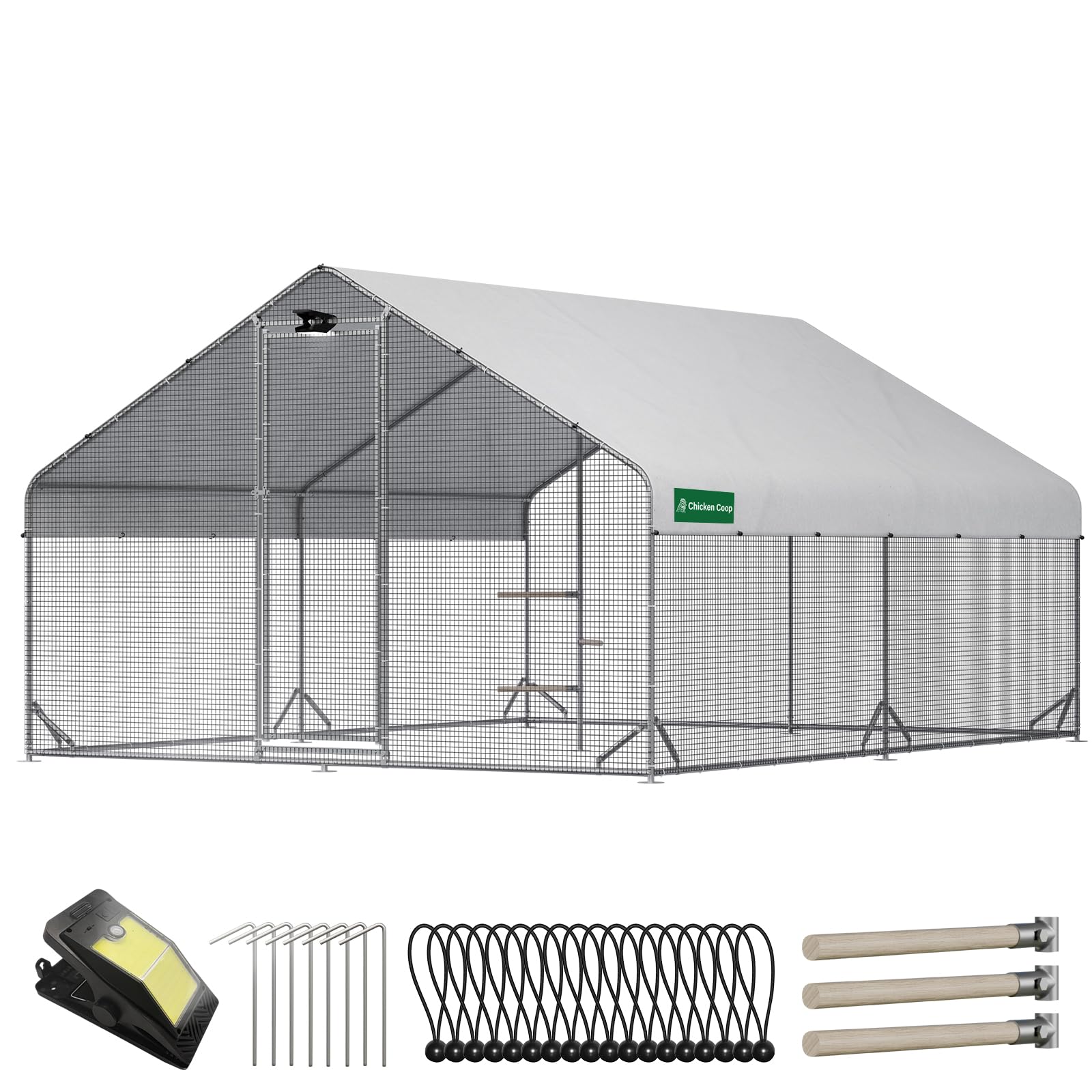 Large Walk-in Metal Chicken Coop with Chicken Run & Hardware Cloth, Solar Light, Waterproof & UV-Resistant Cover, Outdoor Poultry Cage for Farm Use,2