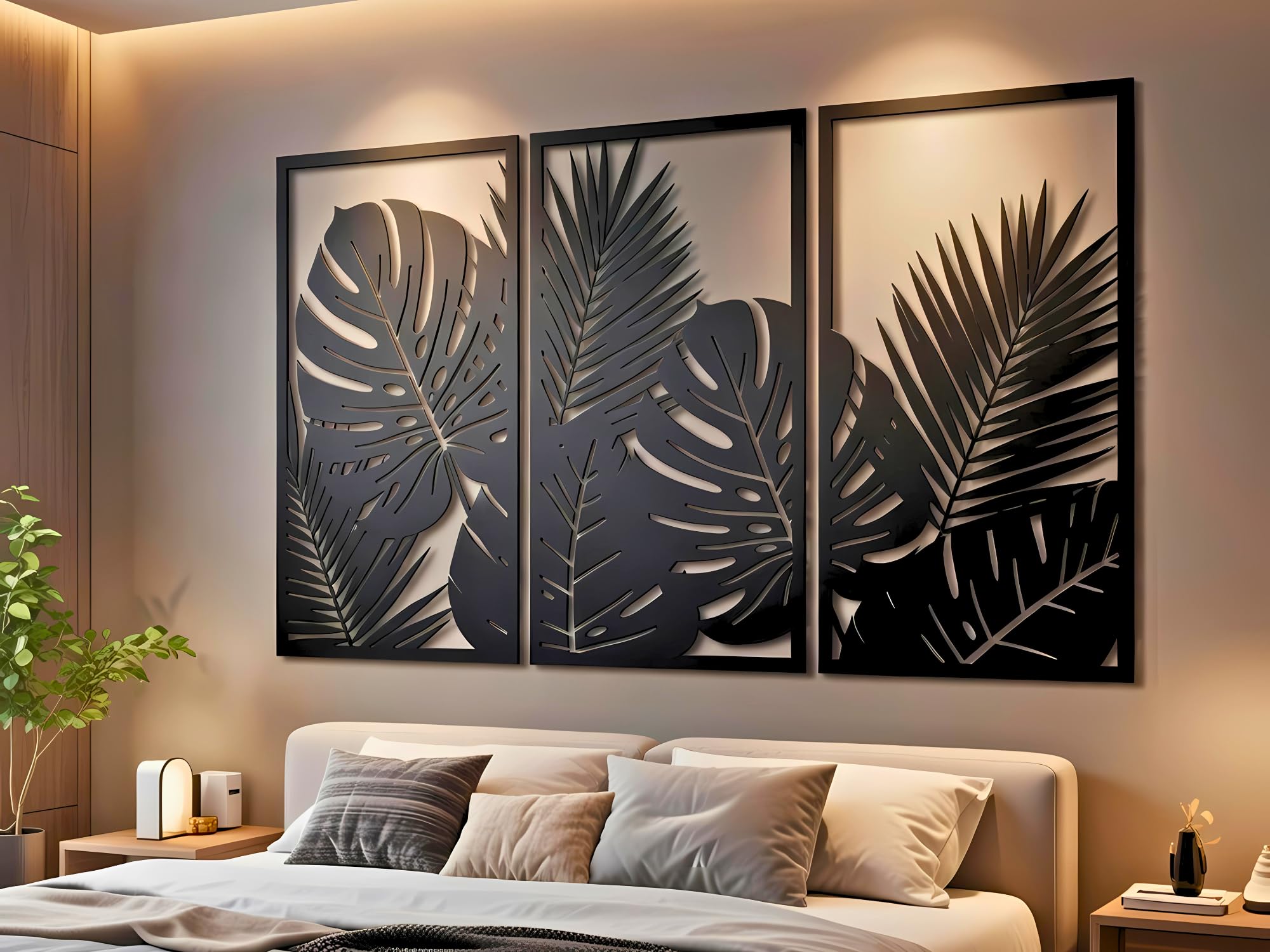 VAILLA Árbol de la Vida Decoración de Pared Mural de Madera Decoración en Negro Dorado Decoración de Pared Hogar Arte de Pared 3D Decoración Moderna Cuadros para Hogar (Hojas tropicales 8)