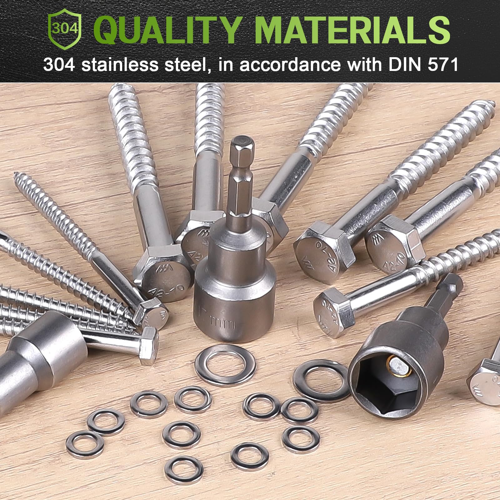 MIGUBUGI 10 PCS Tirafondi per Legno M8 x 80 mm con Rondelle e Bussola Esagonale Acciaio Inox 304, Viti Autofilettanti per Metallo Testa Esagonale, Viti Tirafondo, Vitis Esagonali
